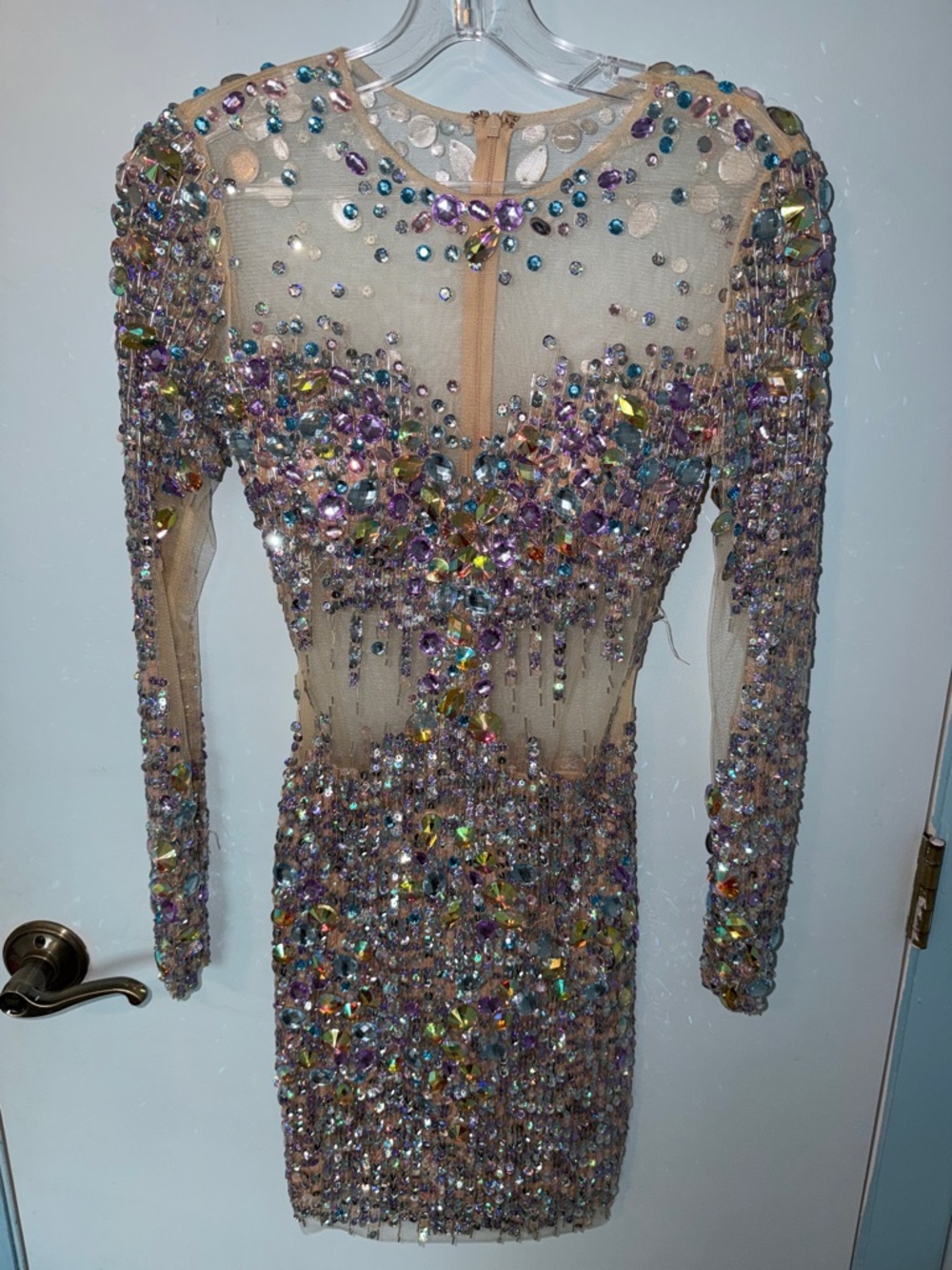 Jovani Nude Mesh Long-Sleeve Mini Dress with Multicolored Crystal Embellishments